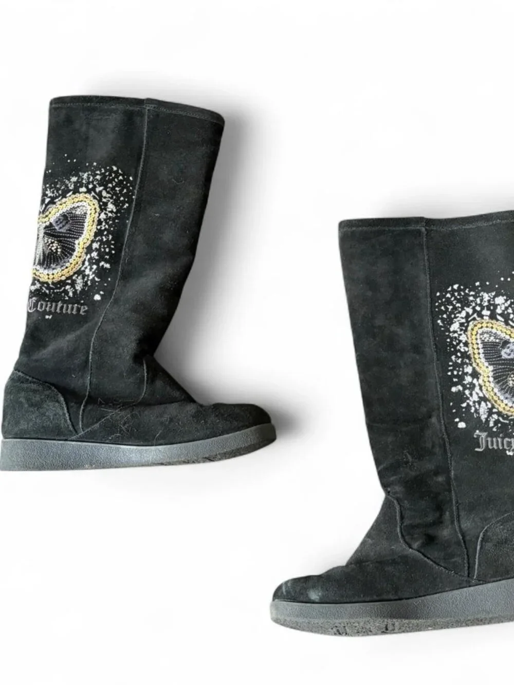 Juicy Couture black suede boots with gold & white butterfly graphic size 7